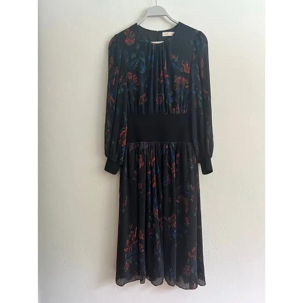 Tory Burch Floral Midi Dress in Ceramic Bouquet Long Sleeve Smocked Waist Size 6